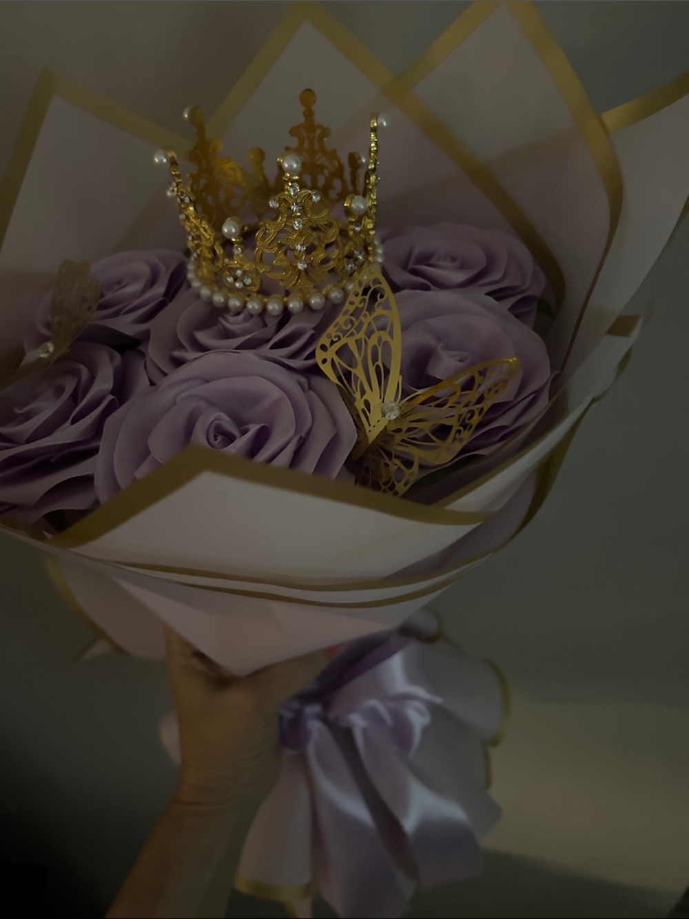 Hand Crafted Lavender Floral Crown with Gold and Pearl Accents - Picture 5 of 7